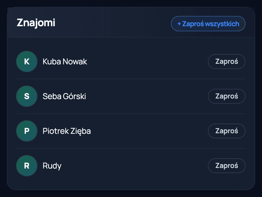 Lista znajomych grupy w Eqipo — każdy może ich zaprosić na mecz